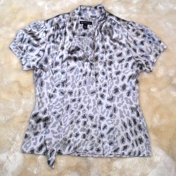 INC Silk Leopard Print Blouse Sz 14 L Gray Silver Button Up Chic Animal Print - Picture 12 of 16
